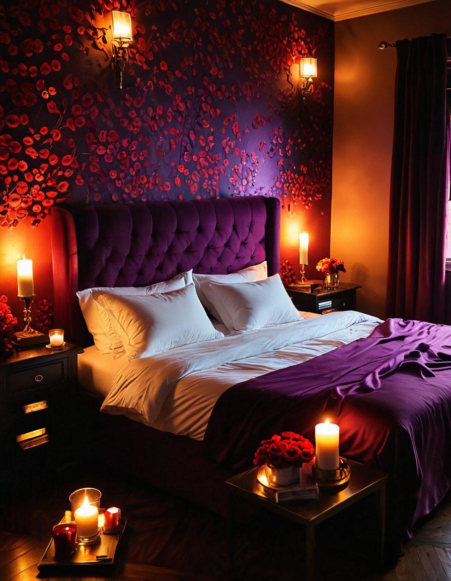 A cozy, dimly lit room with plush cushions, softly flickering candles, and a vintage projector casting a classic erotic film on a wall. The atmosphere is intimate, with romantic silhouettes of couples engaging in passionate moments, surrounded by an air of enchantment and allure. Incorporate rich reds and deep purples to amplify the mood, while showcasing tasteful decor elements like silk sheets and rose petals. evoque a sense of allure and intimacy. super-realistic. vibrant colors.
