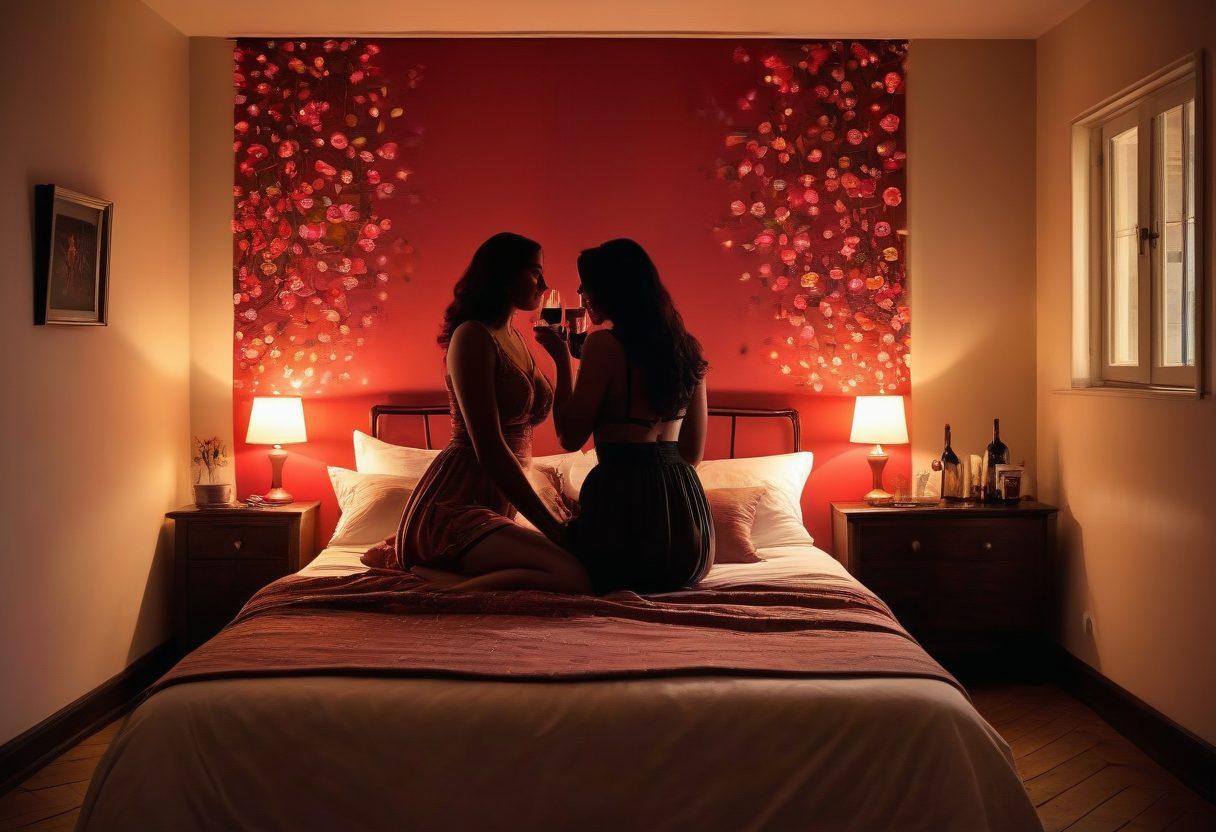 A dimly lit, cozy bedroom scene with two silhouetted figures admiring a vintage projector casting romantic erotic film scenes onto a wall. Soft, warm lighting emphasizes intimacy, surrounded by plush cushions and rose petals, creating a passionate atmosphere. Include a glass of red wine on a nearby table and a faint glow from fairy lights in the background. painting. warm tones. intimate ambiance.